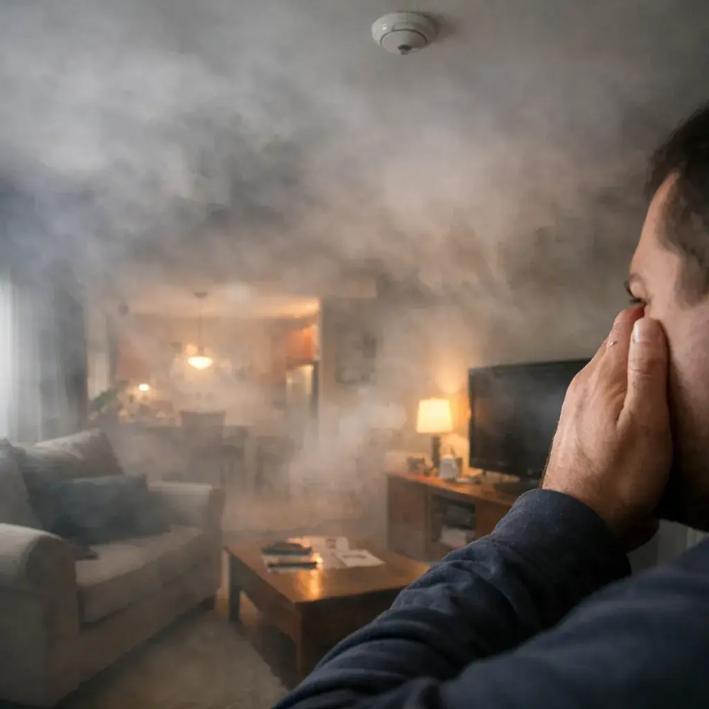 Smoke filling a living room as a homeowner covers his nose