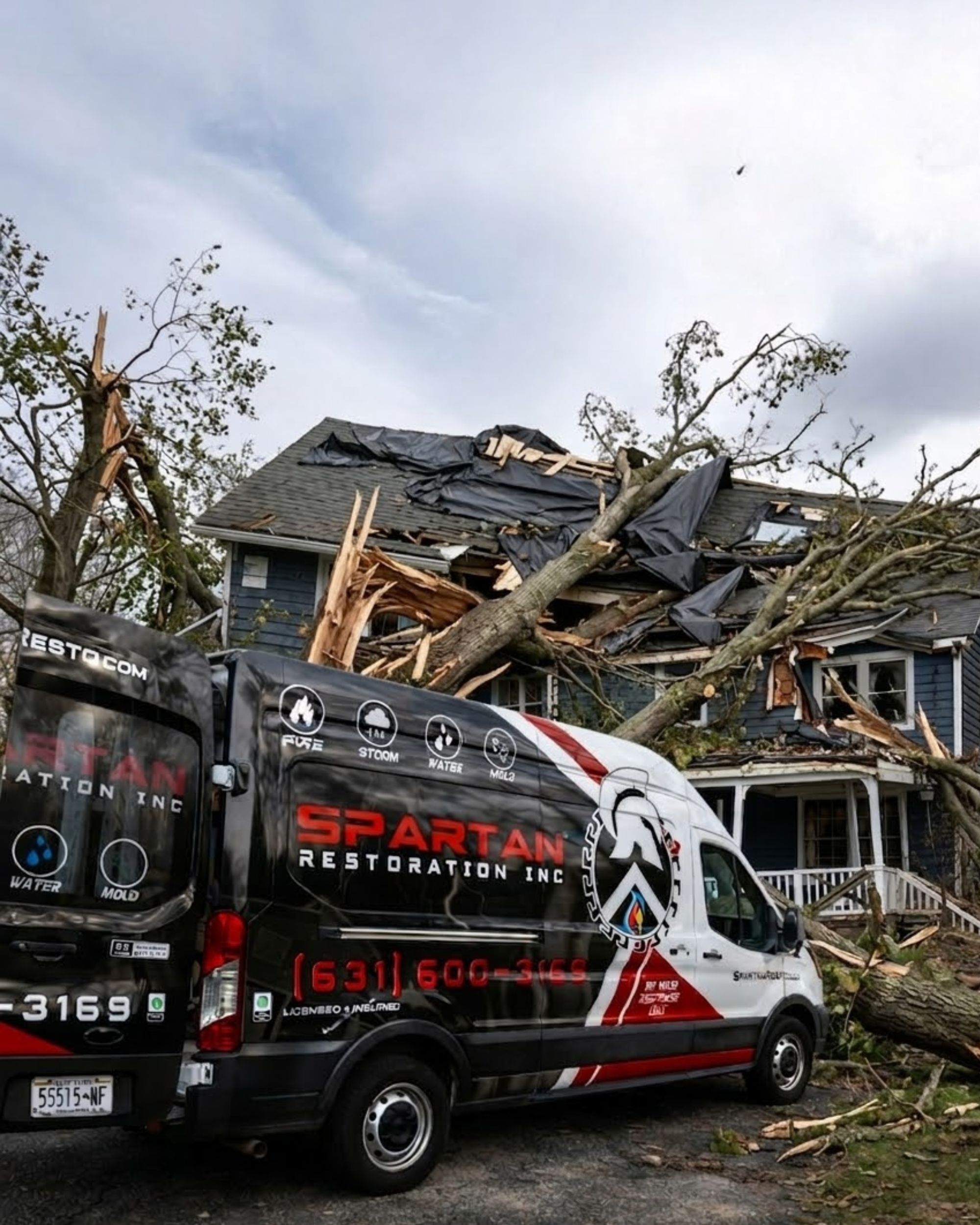 Fallen tree on a storm-damaged house with a Spartan Restoration van